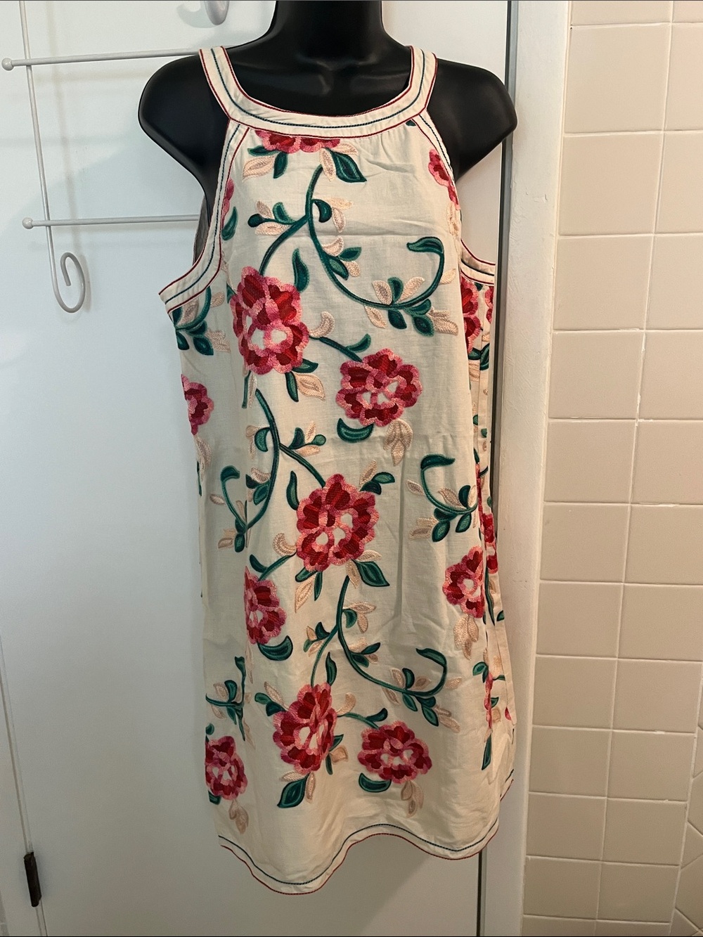 Chelsea & Violet Cream Mini Dress with Pink Floral Embroidery